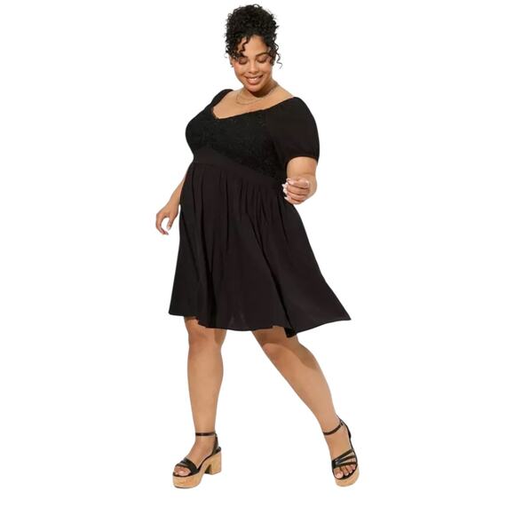 TORRID Dress Womens Size 2X Mini Rayon Slub Balloon Sleeve Lace Inset Deep Black - Picture 10 of 12